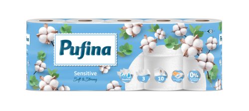 Pufina Sensitive Aquabond Toalettpapír – 3 réteg, 10 tekercs