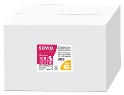 SOVIO kéztörlő V hajtogatású 2 rétegű 150 lap 21*23cm 100% cellulóz