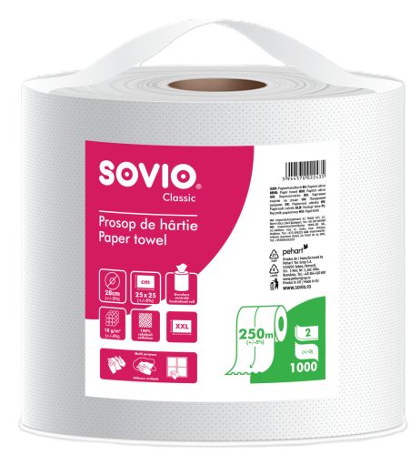 SOVIO ipari törlő 1000 lap 2 rétegű 28cm átmérő, 25cm magas, 250mtr 100% cellulóz 
