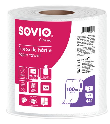 SOVIO ipari törlő 444 lap 2 rétegű 20cm átmérő, 19,6cm magas, 100mtr 100% cellulóz