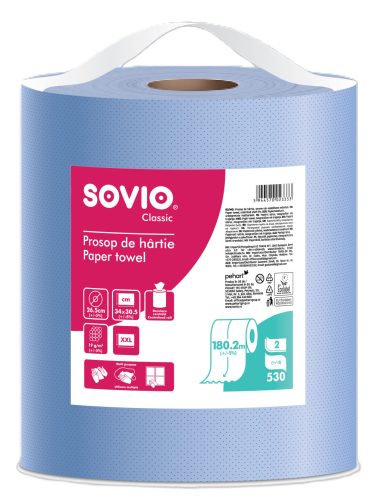 SOVIO ipari törlő 530 lap 2 rétegű 25cm átmérő, 30,5cm magas, 180mtr, kék, 100% cellulóz